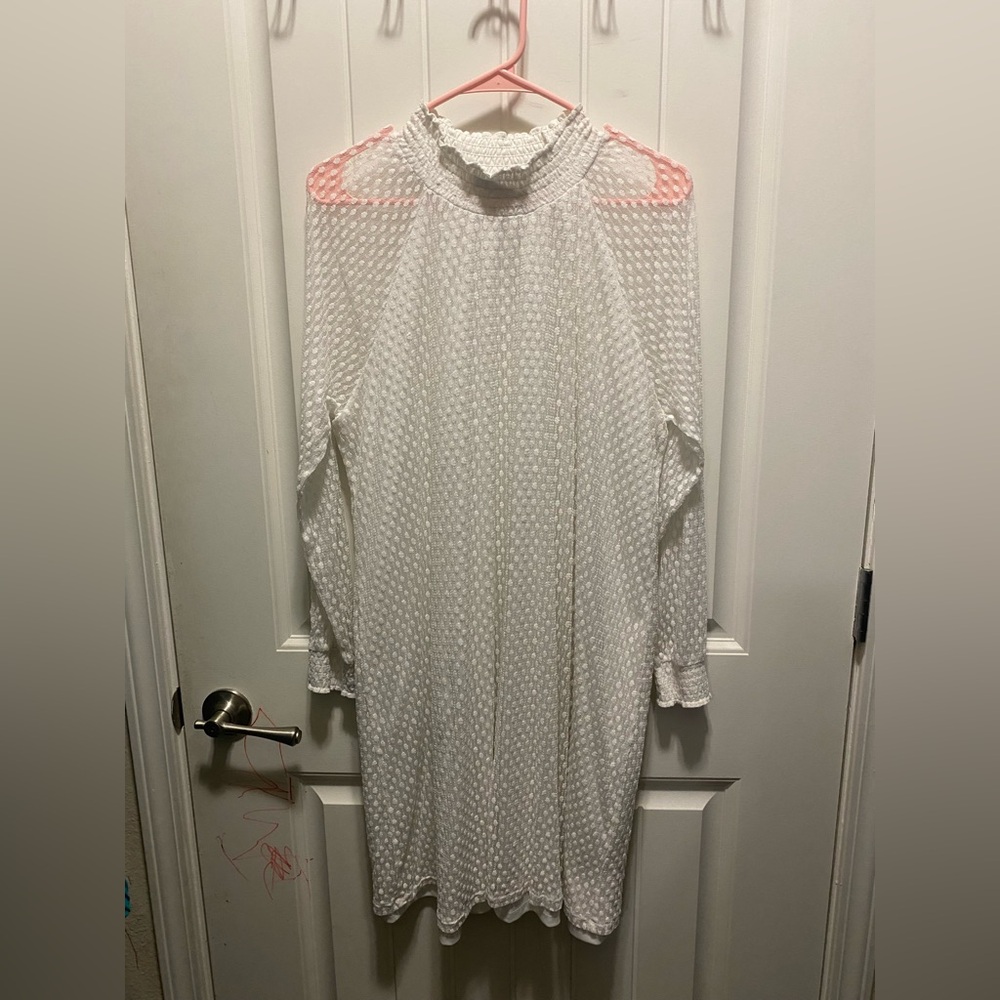 Nina Leonard White Textured Long Sleeve Dress